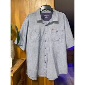 Orvis Shirt Mens XXL Blue Button Up Short Sleeve Pockets Logo Outdoor Casual